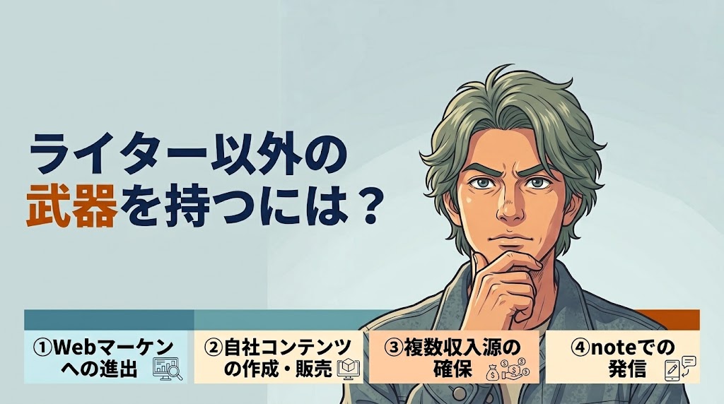 AI時代を生き抜くためにライター＋αで別の収入源をつくる4つの方法　イメージ