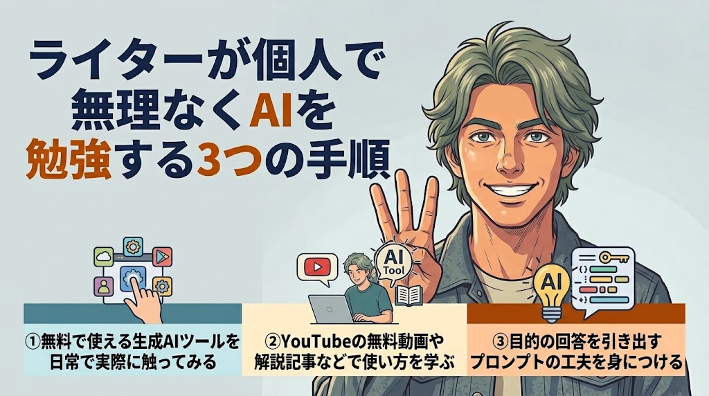 ライターがこれから、個人で無理なくAIを勉強する3つの手順　イメージ